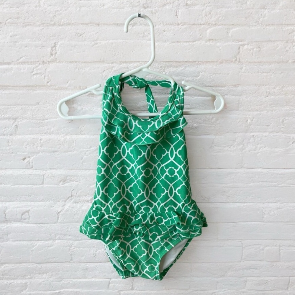 Janie and Jack // Green and White One Piece Swimsuit with Ruffles